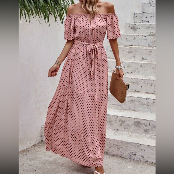 Boho polka dot off shoulder belted maxi dress - Picture 5 of 16